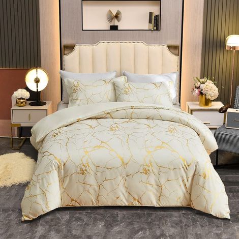 Bettwäsche 200x220 cm Beige Gold Marmor Muster Mikrofaser Wende Bettwäsche Set mit Reißverschluss