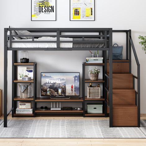Hochbett 251x96x174 cm, mit TV-Ständer und Steckdose, Aufbewahrungsleiter, Metall und MDF, schwarz (1/5)