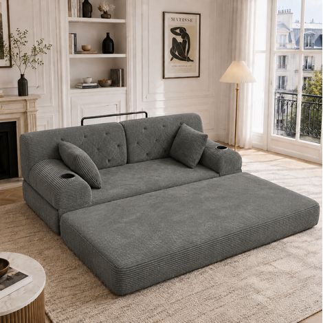 2-Sitzer Schlafsofa 168x80x81 cm dunkelgrau Cord mit hoher Rückenlehne und Getränkehaltern (1/5)