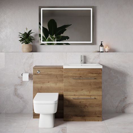 Napoli 390 Tobacco Oak 1100mm 2 Drawer Vanity Unit Toilet Suite with Glide Basin - 1100mm - Chrome 320mm HandleWith Kingston Toilet Pan and Seat