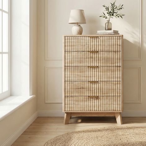Cassettiera 5 cassetti, cassettiera camera letto, 73x40x108 cm, grande capacità, antiribaltamento, struttura in legno, per soggiorno e cucina, stile moderno scandinavo, Rovere chiaro