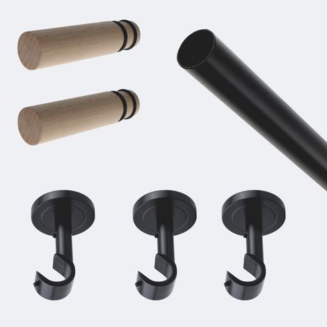 Kit de tringle à rideaux Noir Mat 250cm Diam.20mm Embout Cylindre Bois - Fixation Plafond - Boulet (1/3)