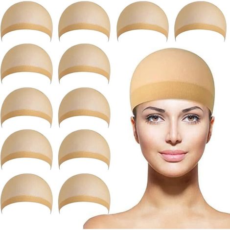 Lot de 12 bonnets de perruque en nylon pour perruques Lace Front, couleur chair marron, bonnets pour perruques chauves (marron moyen) (1/5)