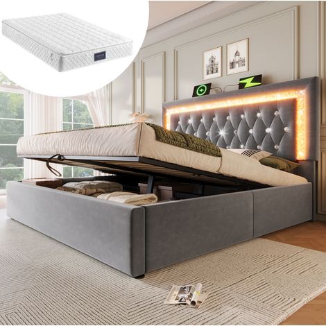 Cama tapizada 160x200 cm con LED en cabecero, estación USB y Type C, arcón hidráulico, terciopelo gris (1/5)