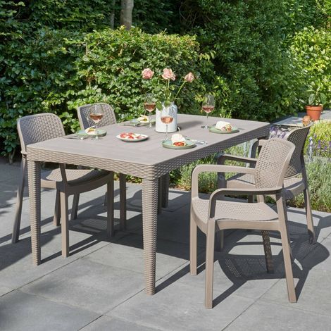 Dmora - Mesa de jardín Salmon, Base de picnic, Mesa de comedor de jardín, Banco multiusos para exterior, 160x90 h74 cm, Tórtola (1/3)