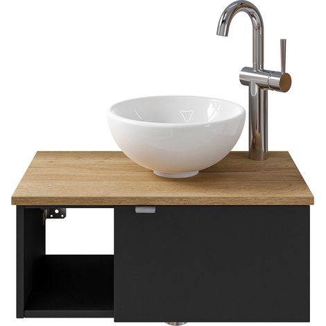 Waschbeckenunterschrank 60 cm inkl. Waschbecken in schwarz matt mit Eiche AMADORA-66, Türanschlag rechts (1/5)