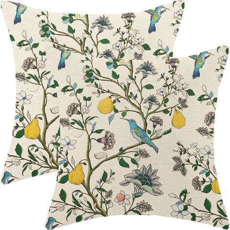Dekorative Leinenkissenbezüge, Zitronen-, Blumen- und Vogelmuster, beigefarbener Hintergrund im chinesischen Stil, 2er-Set, 45 x 45 cm.