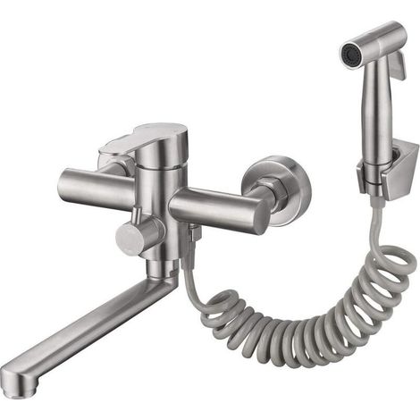 Wandmontierte Küchenarmatur aus Edelstahl 304 mit Brausepistole und 2 Strahlarten für die Küchenspüle, 360° schwenkbar (1/5)