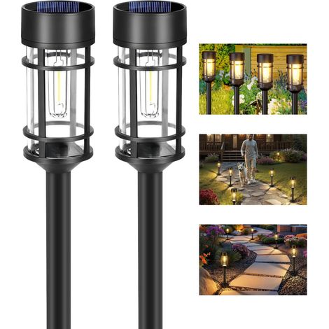 Juego de 2 luces solares para jardín, farola exterior, luz LED para patio o jardín con enchufe de suelo, ideal para céspedes, terrazas y patios - luz cálida (1/5)