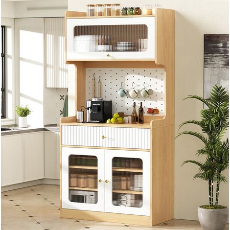 Aparador alto 80 x 40 x 180 cm con cajón, estantes regulables, LED y cristal, natural HAVRYA (1/5)