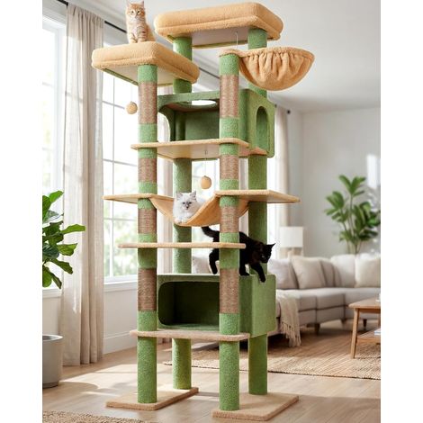 1 Arbre à Chat, 213cm Hauteur, 2 Niches, 5 Plateformes, Sisal Naturel, Intérieur Multi-Chats (1/5)