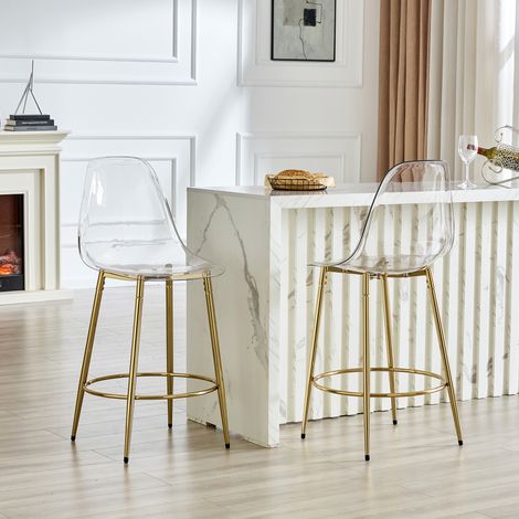 Lot de 2 tabourets de bar transparents au design flottant – idéals pour les cuisines ouvertes européennes – Les pieds en métal doré s'accordent parfaitement avec le minimalisme léger et luxueux. Haute (1/5)