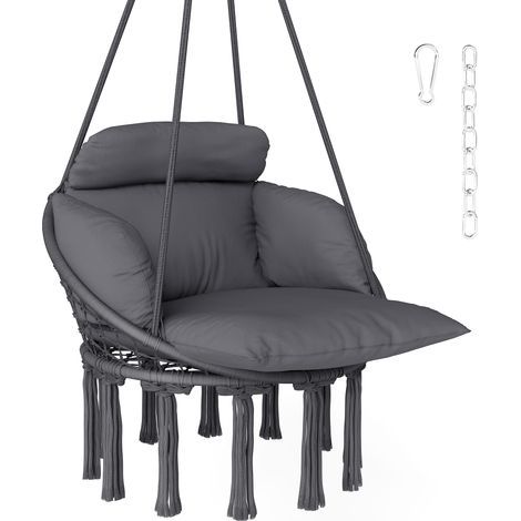 Chaise suspendue avec grand coussin rembourré hamac fauteuil suspendu à franges kit de suspension 80 x 60 x 40 cm gris foncé (1/5)