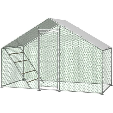 Pollaio con recinto e scala in acciaio zincato 303 x 157 x 200 cm con tetto in PE grigio MODENUIT (1/5)