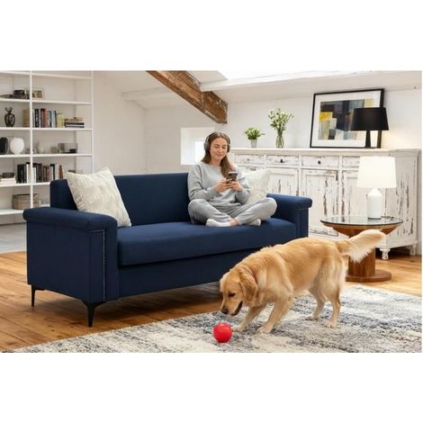 Canapé 2 places scandinave bleu en lin, pieds métal – compact et confortable (172 cm) (1/5)