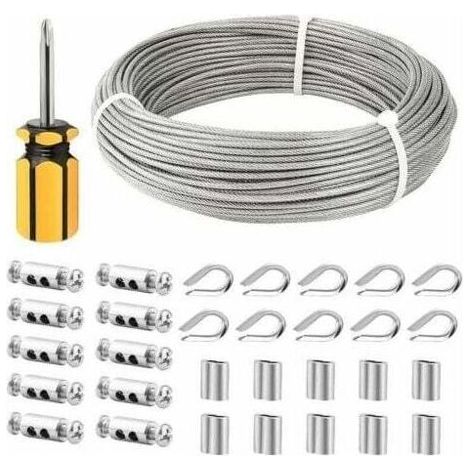 Câble en acier inoxydable de 3 mm, câble en acier inoxydable de 50 m / 3 mm, câble en acier revêtu avec serre-câble, manchon M3, cosses en acier inoxydable, câble de corde à linge de 3 mm, câble de ga (1/3)