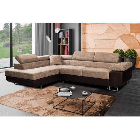 Aston Left Hand Facing Corner Sofa Bed with Storage and Lift Mechanism - Beige & Brown (1/5)