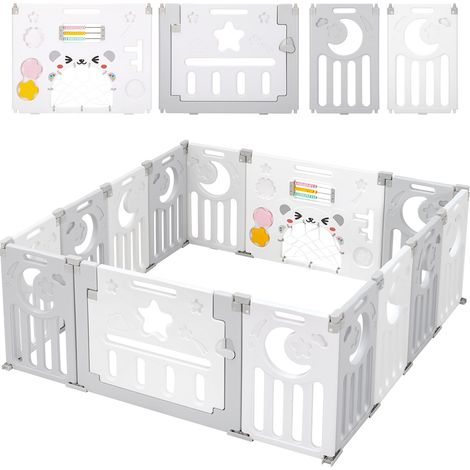 Keepbuying – Parc bébé pliable en plastique 12+2 panneaux – Sécurité renforcée avec porte à loquet – Dimensions 150 x 150 x 62 cm – Gris (1/5)
