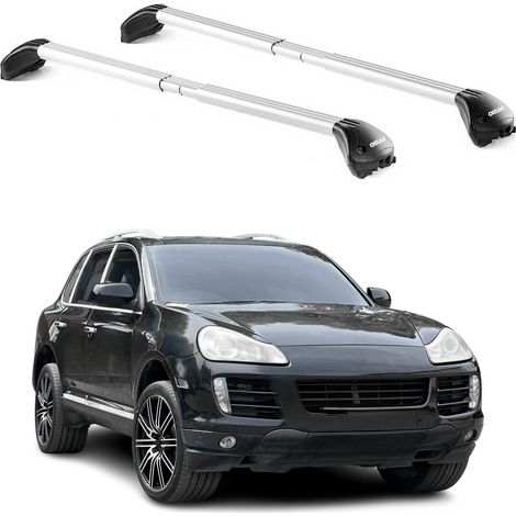 OMAC Barres de toit transversales certifiées TÜV pour Porsche Cayenne I 2003-2010 – Verrouillables (4 antivols) – Charge max 100 kg – Sangle inox + protection caoutchouc Argent (1/4)