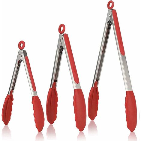 3-teilige Küchenzange, 7", 9" und 12" Edelstahl-Grillzange, hitzebeständige Kochzange, mit rutschfestem Silikongriff, zum Grillen, Salat (rot)