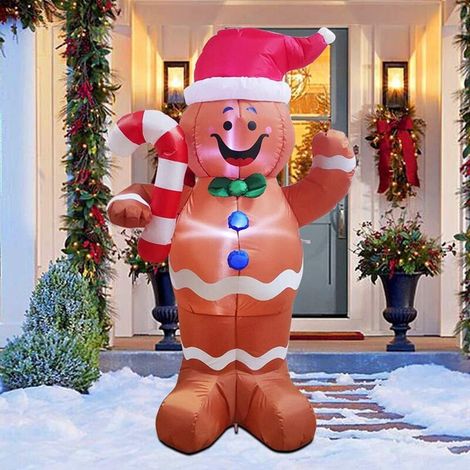Décoration de Jardin Gonflable en Pain d'épices de Noël, 1,5 m, éclairage LED, Bonhomme en Pain d'épices Auto-Gonflable avec Sucre d'orge, Parfait pour fête de Noël (1/5)