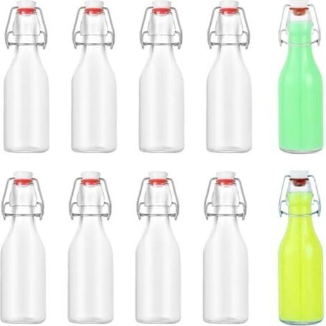 Bouteilles en verre de 250 ml, lot de 10, avec bouchon mécanique, idéales pour le remplissage de jus de fruits et de limonade. (1/4)