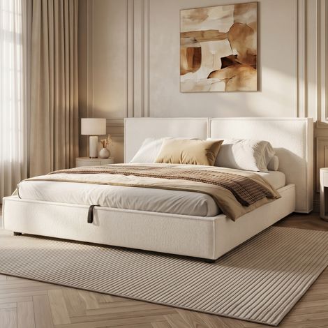 Cama matrimonial 180 x 200 cm con arcón hidráulico, bouclé blanco y somier (1/5)