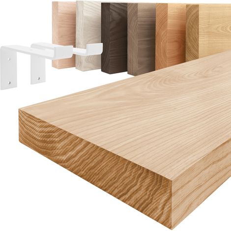LAMO Manufaktur étagère murale en bois massif, bord régulier, étagère de rangement Original, bois naturel / équerre blanche 90cm, LWG-01-A-002-90ZW