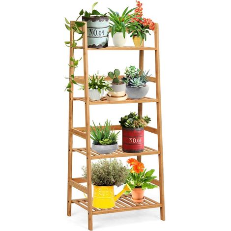 COSTWAY Estantería de Escalera 4 Niveles Estante de Madera Soporte para Plantas Macetas Librería Multiuso para Balcón (Natural) (1/5)