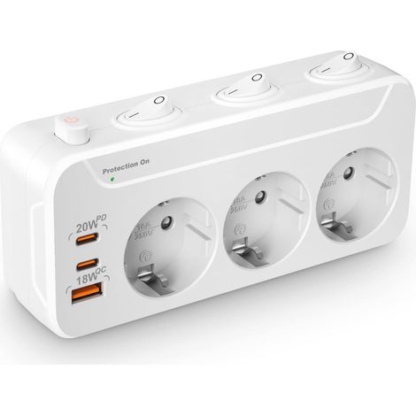 Prise Multiple avec Interrupteur Individuel, Multiprise USB C PD20W Charge Multiprise Parafoudre 3 Prises Frontales,Triplite Electrique Rotative Verticale Horizontal,Adaptateur Triple Murale,16A,Blan (1/5)