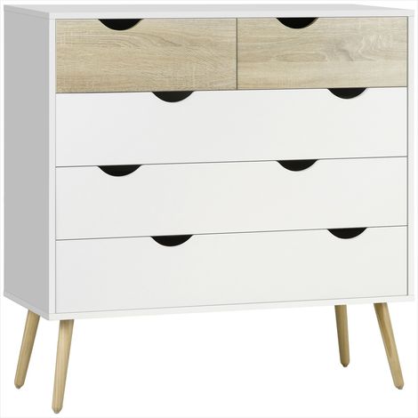 Table de chevet Commode 5 tiroirs blanche aspect chêne style (1/5)