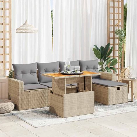 Set sofás jardín y cojines 6 pzas ratán sintético acacia beige vidaXL (1/5)