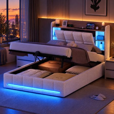 JOOKGBD-Letto Contenitore Matrimoniale 140×200cm Tessuto Teddy Beige, Testiera con Ripiani, Porte USB/USB-C + Prese, Rete Idraulica, LED RGB con App e Telecomando, Doghe Incluse (1/5)