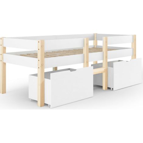 Lit enfant 90x190 avec tiroir et barrière pin blanc chêne