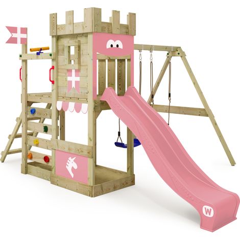 Wickey RoyalFlyer aire de jeu en bois avec balançoire et bac à sable en rose clair