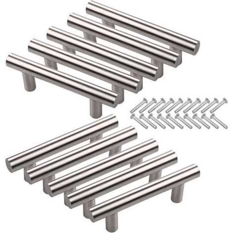 10Pcs Entraxe 64mm Poignée de Porte d\'Armoire avec Vis en Acier Inoxydable T Creux Brossé en Forme Meubles de Cuisine Placard