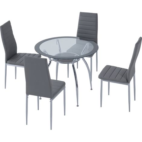 Juego Mesa de Comedor y 4 Sillas Conjunto de Muebles de 5 Piezas Mesa Redonda Ø90x75 cm y 4 Sillas 42x52x96 cm Gris