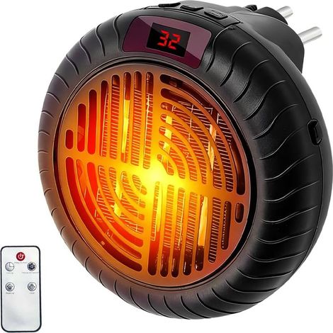 Mini Chauffage d'Appoint Enfichable, 900W Chauffage Soufflant Ceramique avec Télécommande Radiateur Soufflant Silencieux avec Minuterie 12h et Affichage LCD pour Salle de Bain Chambre (Noir) (1/5)