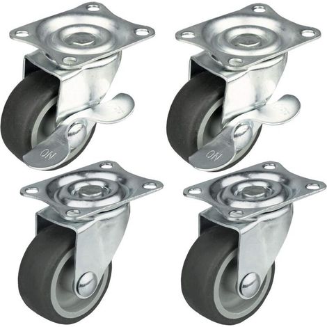 Lot de 4 roulettes pivotantes pour meubles avec une capacité de charge maximale de 25 kg / jeu de roulettes pivotantes pour meubles avec roue Ø 50 mm, avec frein Boîtier en acier avec roues