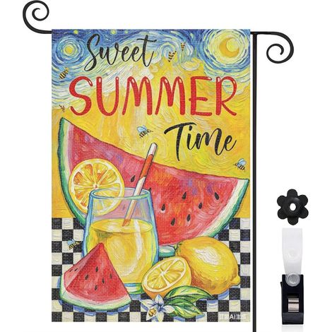 Drapeau de jardin motif damier et fruits d'été aquarelle 30 x 45 cm décoration terrasse et extérieur (1/5)