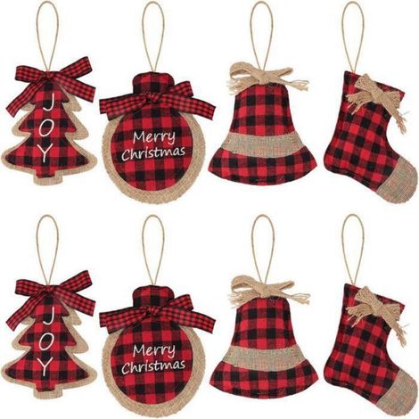 Décoration De Noël - En Jute Naturel - Motif Carreaux De Buffle - Pour Sapin Cheminée Table - Lot De 8 Pièces (1/4)