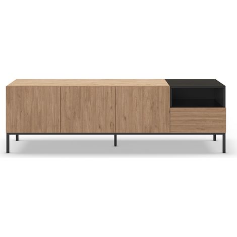 Meuble TV, Meuble de salon aspect bois avec 3 portes et 1 tiroir, pieds en métal coloris noir -Longueur 180 x Profondeur 42 x Hauteur 55 cm (1/5)