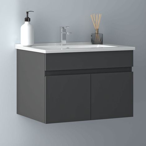 60 cm Waschtisch mit Unterschrank Badmöbel Set mit Waschbecken Keramik dünn Gäste WC Anthrazit Matt (1/5)