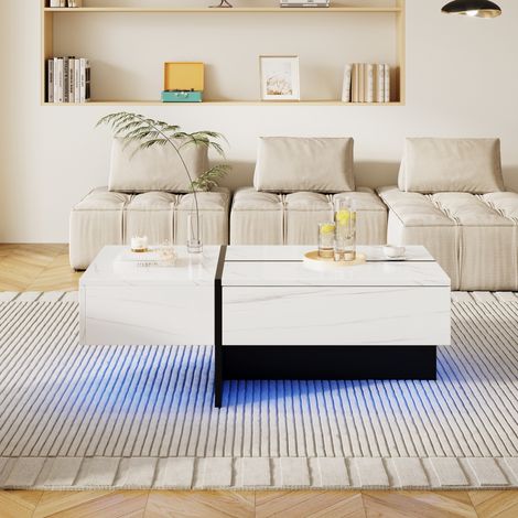 Table basse 100cm, Table basse haute brillance, structure en blocs noir et blanc, système d'éclairage LED avec contrôle APP, mobilier de salon, Blanc (1/5)
