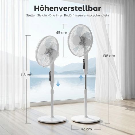 Ventilateur sur pied avec minuterie 15 heures, oscillation à 85°, panneau de commande LED, télécommande, blanc (1/5)