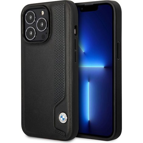 Funda BMW BMHCP14X22RBDK para iPhone 14 Pro Max de 6,7" negra/negra, carcasa rígida de cuero con puntos azules. (1/5)