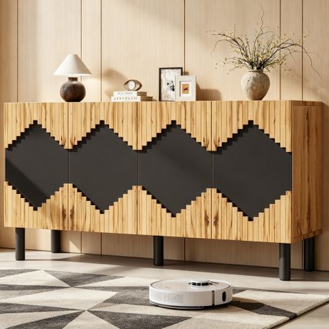 Credenza moderna, mobile con 2 ante, scomparti, motivo a rombi, realizzata in robusto truciolato con MDF, portata fino a 50 kg, per soggiorno, sala da pranzo, corridoio, 140x40x70 cm, colore legno + n (1/5)
