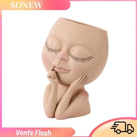 Sonew Pot de planteur de visage Pot de fleurs avec tête en résine, yeux fermés, avec trou de drainage, pour piscine essence (1/5)