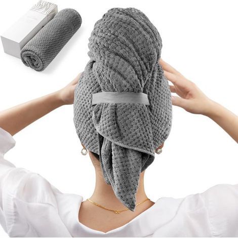 Large microfiber hair towel with elastic, 60 x 100 cm, gray, set of 2.