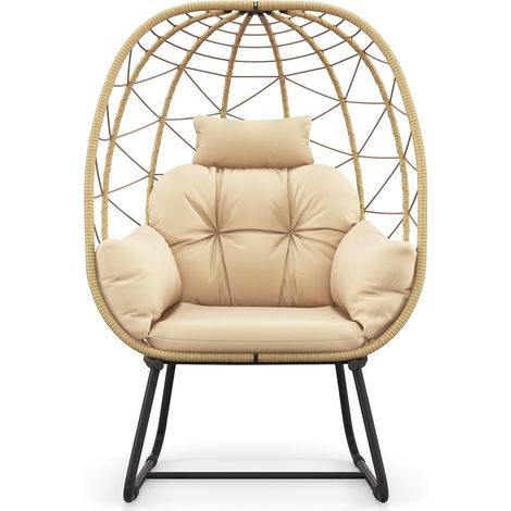 COSTWAY Sillones Jardin Exterior de Tipo Huevo, Cojín Extraíble, Almohada y Soporte de Metal, Silla Huevo de Ratan Jardin Terraza Balcon Exterior, Carga 150kg (Beige)